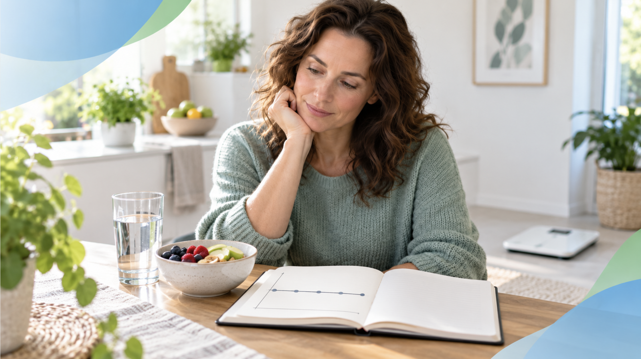 Vrouw zit aan tafel met een gezond ontbijt en bekijkt een notitieboek met een vlakke voortgangslijn, passend bij weinig resultaat met afslankmedicatie.